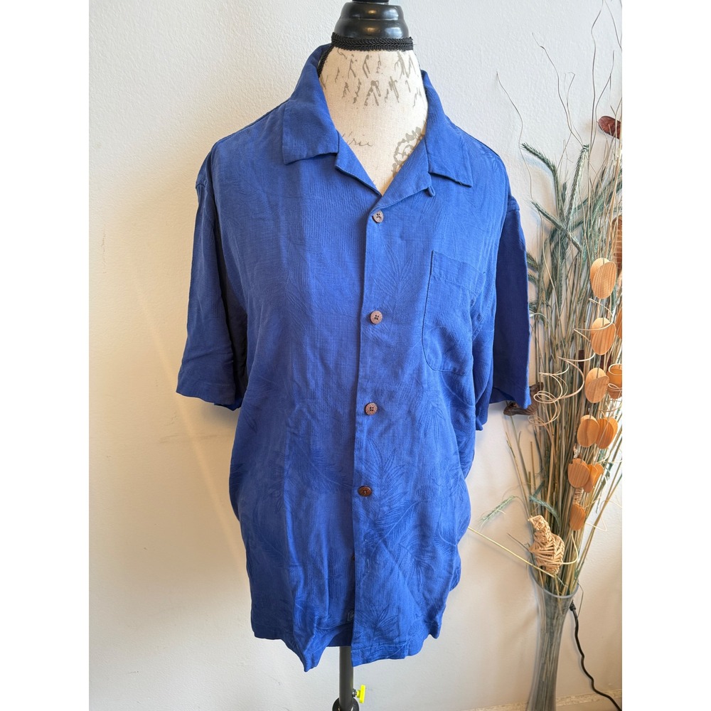 Tommy Bahama Mens Blue 100% Silk Jacquard Palm‎ Leaf Camp Shirt Large Original